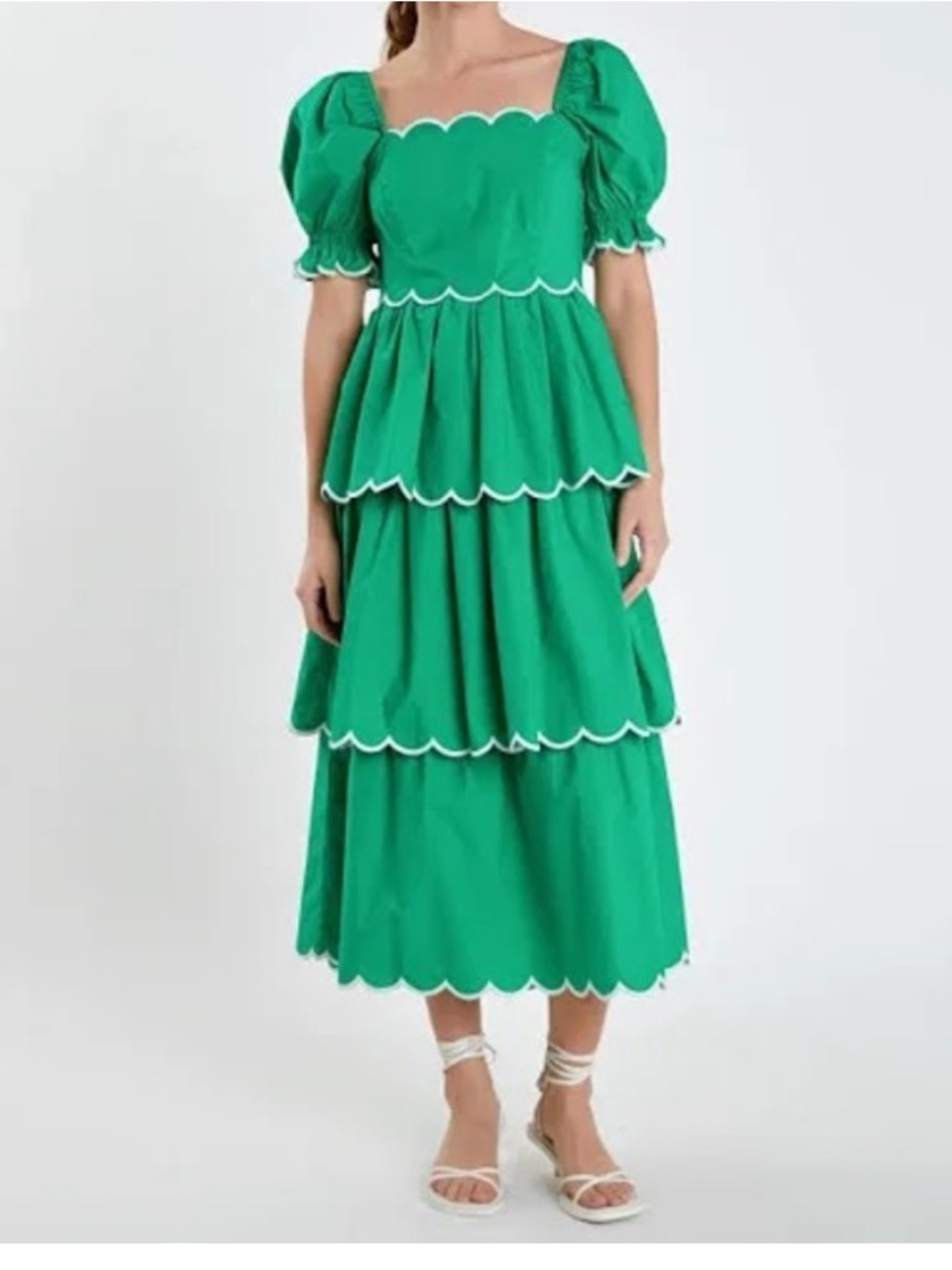 English Factory | Scalloped Tiered Midi Dress - Puff Sleeve - 100% Cotton - NWT